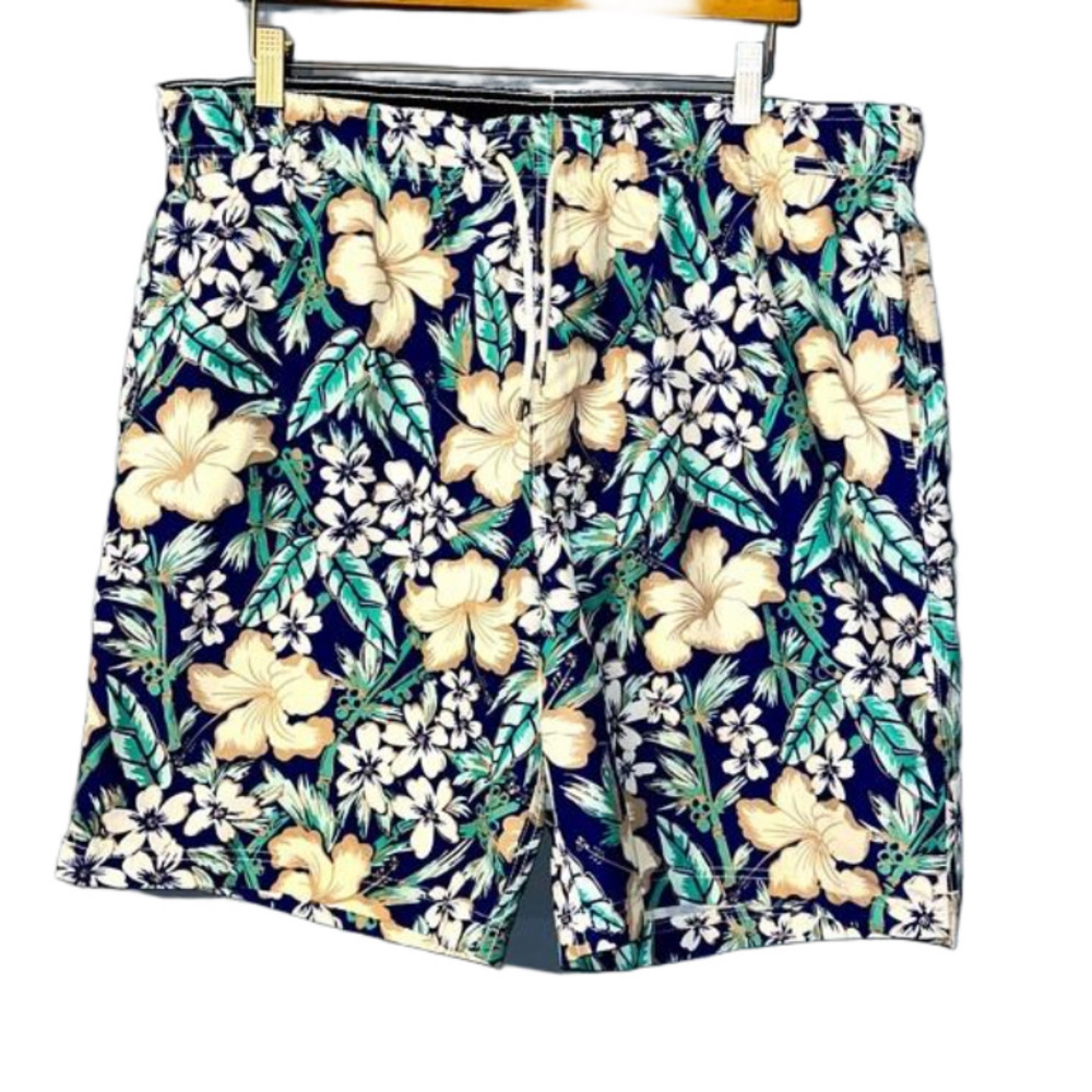 NWOT Men’s Lands End swim board lined floral blue white shorts Large 36-38